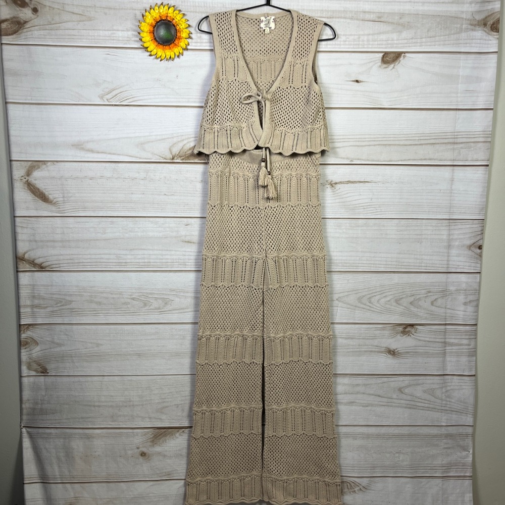 Hippie Rose Crochet Vest Pants Set Tan Beige Boho Medium‎ Taupe Swim Coverup